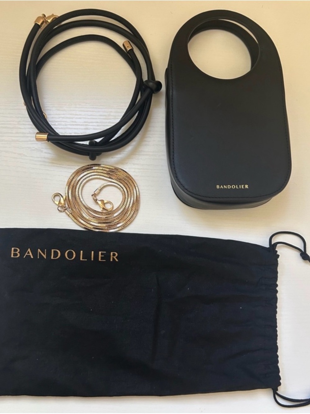 Bandolier Black Leather Phone Crossbody with Gold Hardware and Detachable Chain